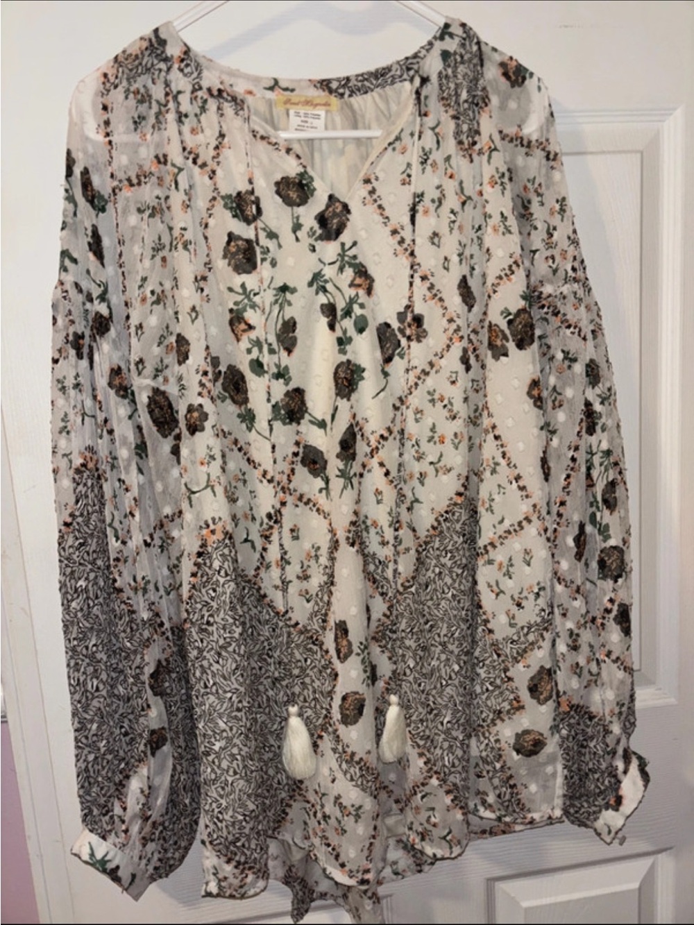 Bohemian Floral Peasant Blouse - White with Green & Brown Floral Print